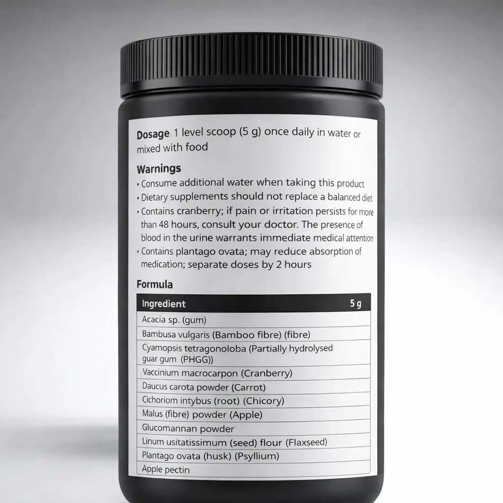 Label of Designs for Health Paleo Fibre 300g showing dosage, warnings, and ingredient list.