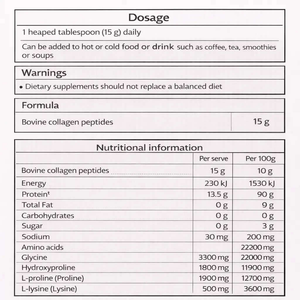 Dosage and nutritional information for multi-collagen protein powder, highlighting collagen peptides and serving details.
