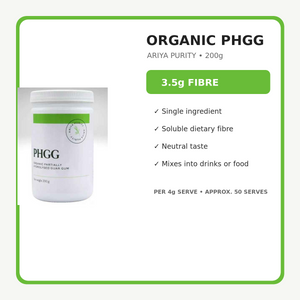 Ariya Purity Organic PHGG 200g key features and 3.5g dietary fibre per serve