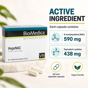 BioMedica VegeNAC active ingredient with 590 mg N-acetylcysteine per capsule