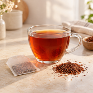 Cup of rooibos tea with filter bag and dried rooibos leaves