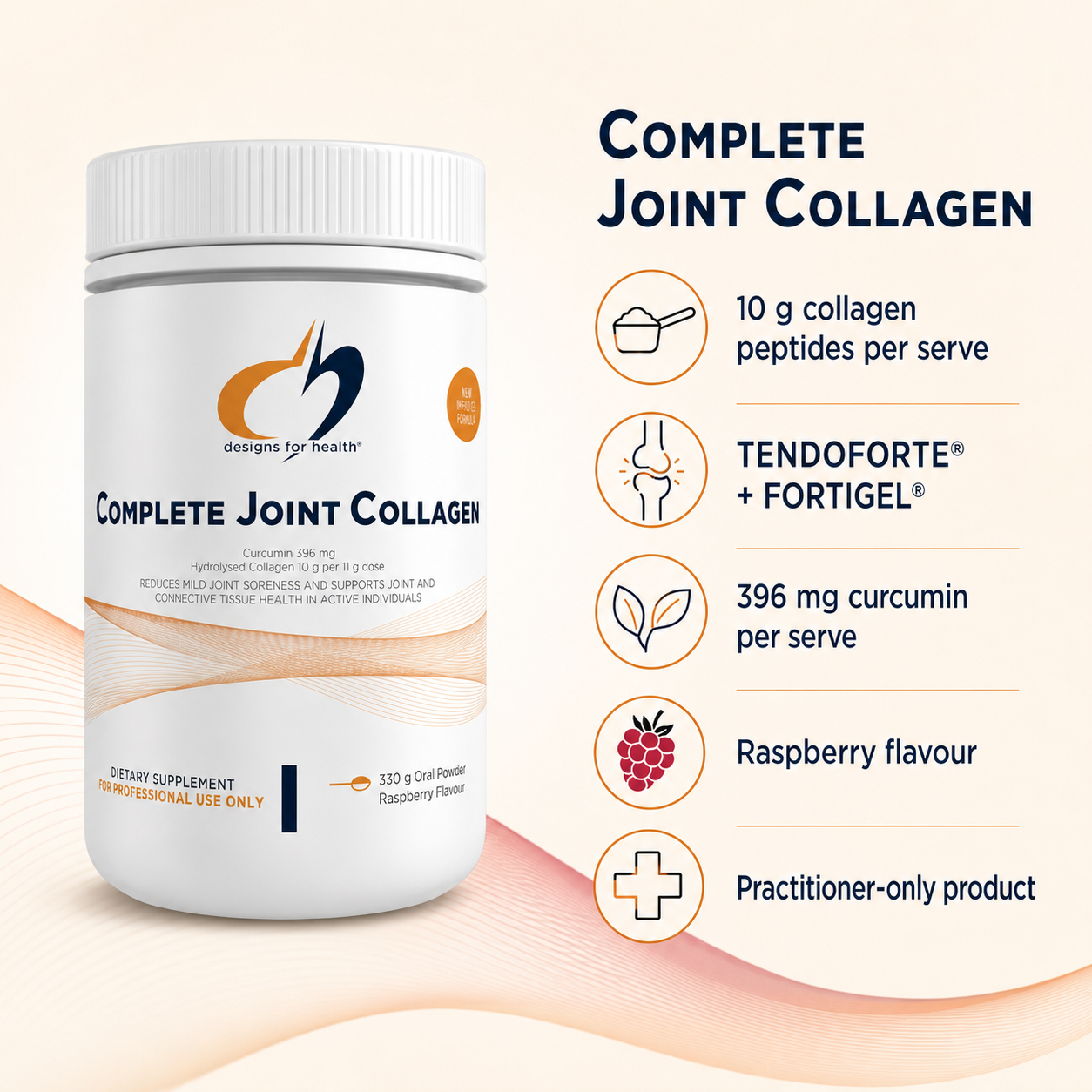 Designs for Health Complete Joint Collagen 330g key features and raspberry flavour