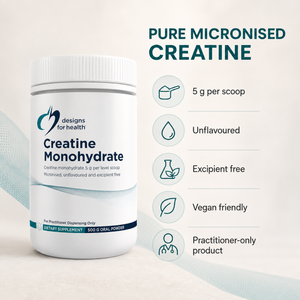 Designs for Health Creatine Monohydrate 500g key features including 5g per scoop