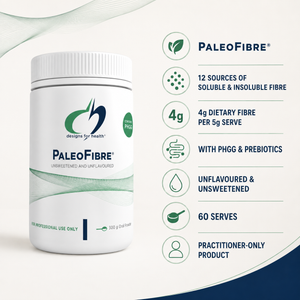 Designs for Health PaleoFibre key features with 12 fibre sources and 4g dietary fibre per serve