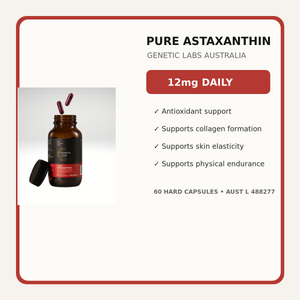 Genetic Labs Pure Astaxanthin 12mg approved antioxidant skin collagen elasticity and endurance benefits
