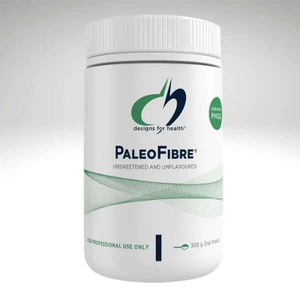 Designs for Health PaleoFibre 300g container, unsweetened and unflavoured, for daily digestive support.
