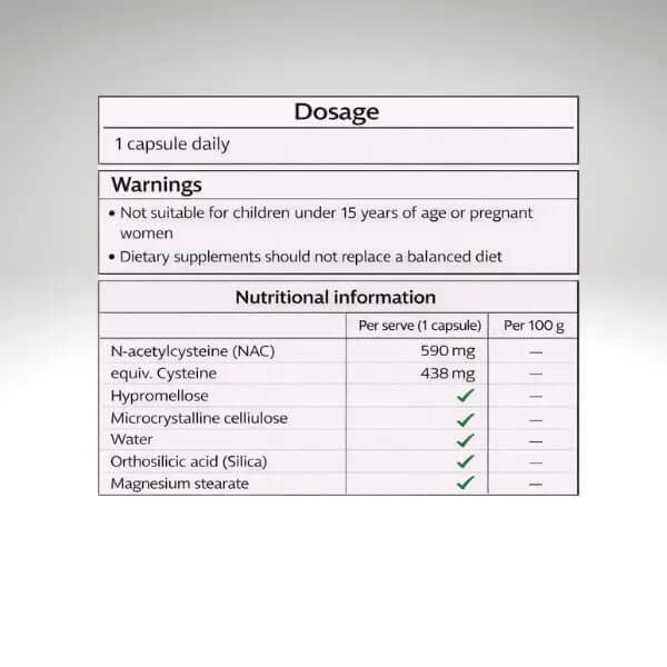 Dosage and nutritional information for BioMedica VegeNAC NAC antioxidant support capsules.
