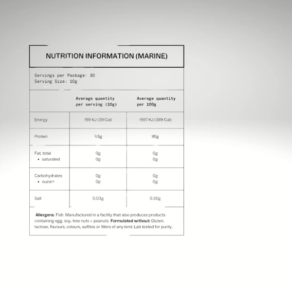 "Nutrition information table for My Way Up® Perfectly Pure Marine Collagen, detailing serving size, energy, protein, and allergen info."