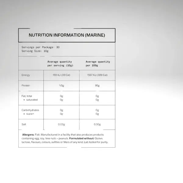 "Nutrition information table for My Way Up® Perfectly Pure Marine Collagen, detailing serving size, energy, protein, and allergen info."