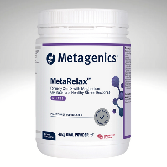 Metagenics MetaRelax dietary supplement bottle for stress support, magnesium glycinate formula.