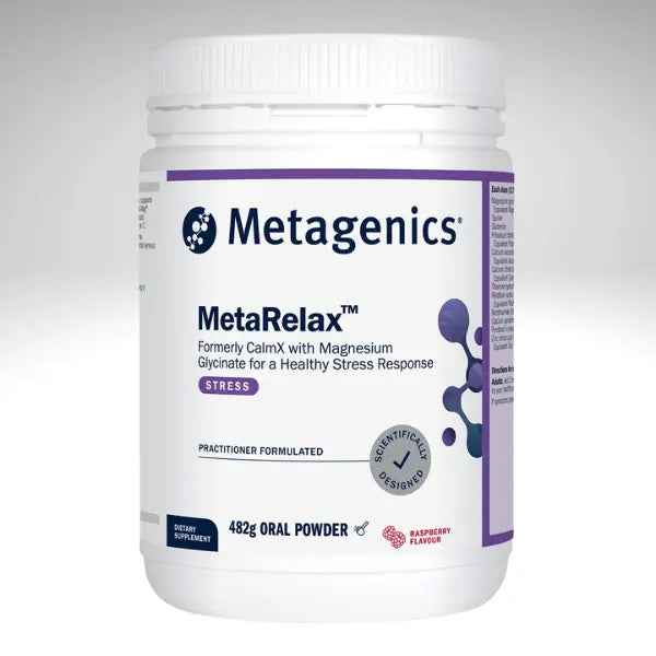 MetaRelax by Metagenics 482g jar, relaxation support supplement in raspberry flavor for stress management.