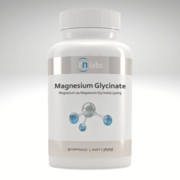 RN Labs Magnesium Glycinate bottle, 90 capsules, high absorbability, practitioner-grade supplement for muscle, mood, nerve health.