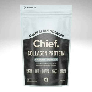 Collagen protein powder from Chief Nutrition, Australian sourced, creamy vanilla flavor, gluten free, with no added sugar.