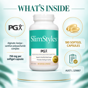 SlimStyles PGX ingredient and pack details: 750mg PGX per softgel, 180 capsules
