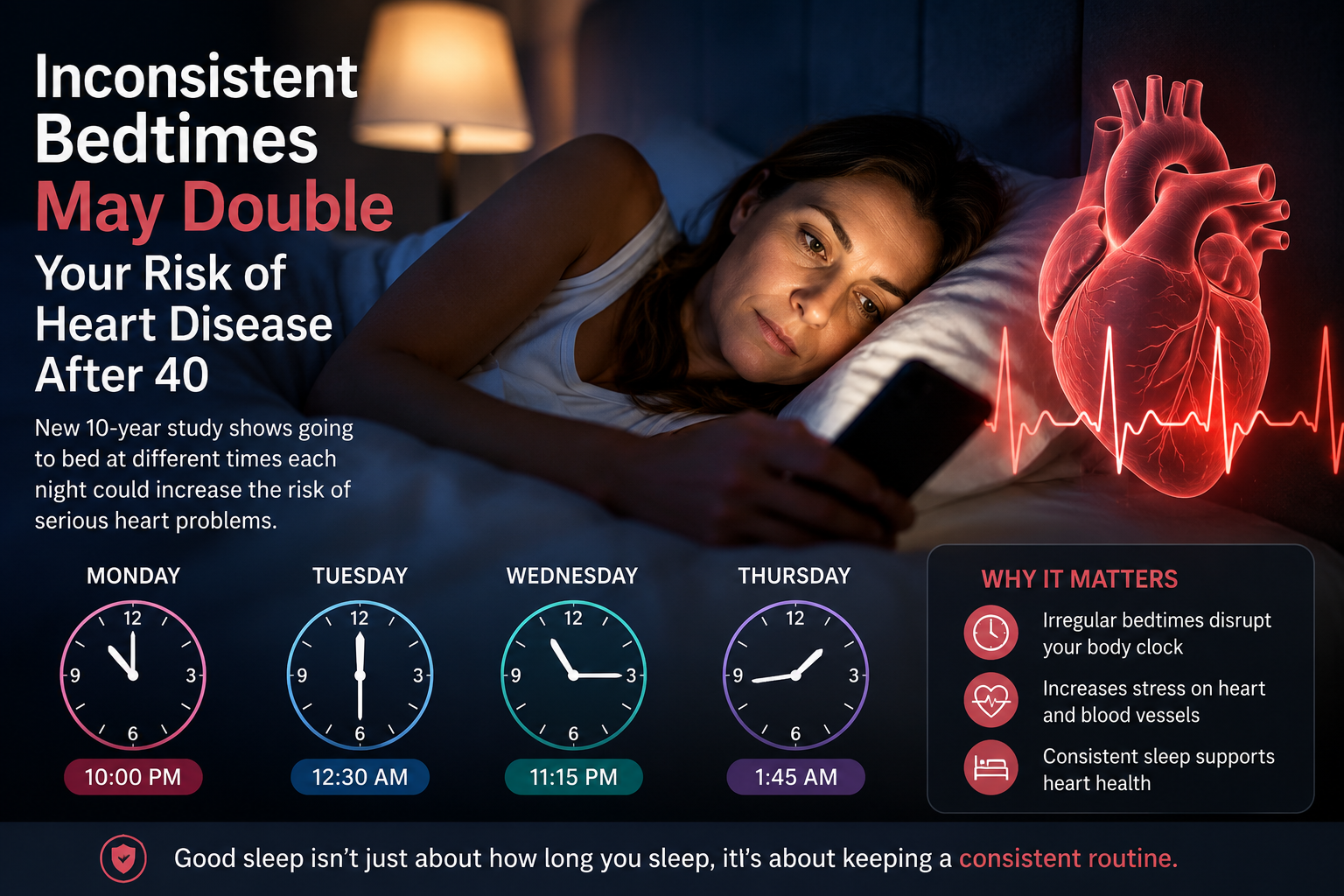 Inconsistent Bedtimes May Double Your Heart Disease Risk After 40