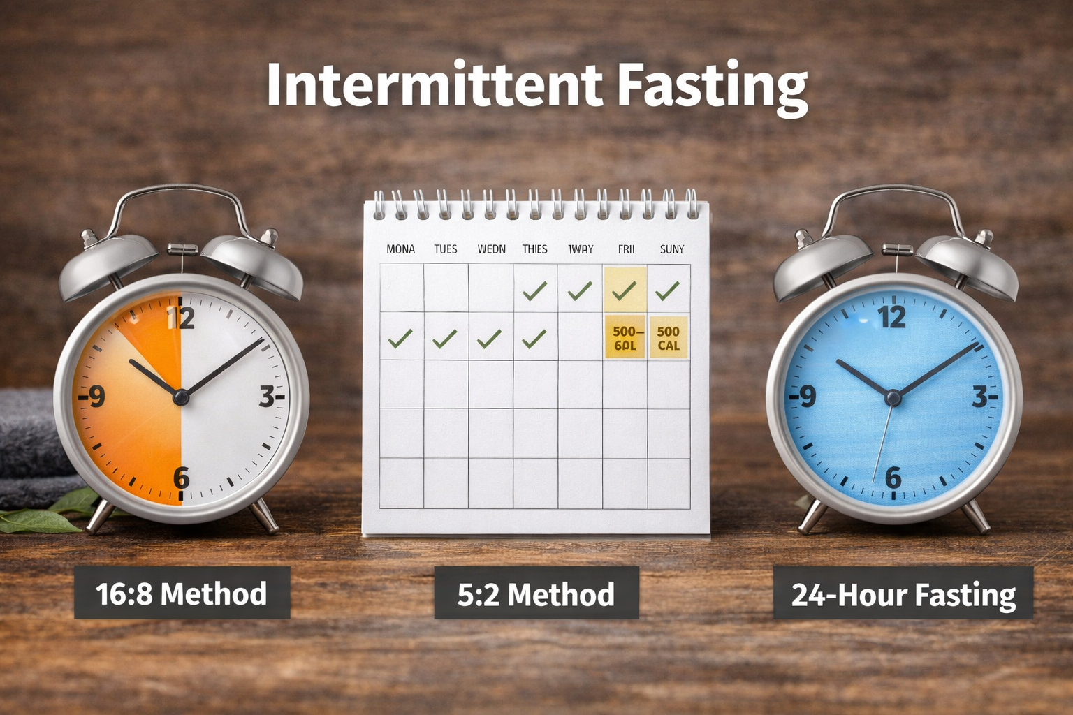 Intermittent fasting methods with clocks and meal plan calendar on wooden table.