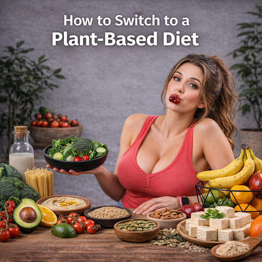 A woman enjoys healthy foods while showcasing how to switch to a plant-based diet with fresh ingredients.