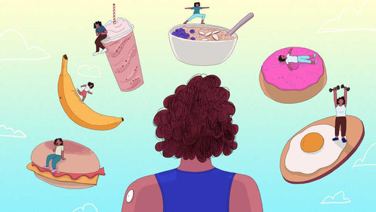 Character contemplating different foods and activities related to blood sugar balance for energy and cravings control.