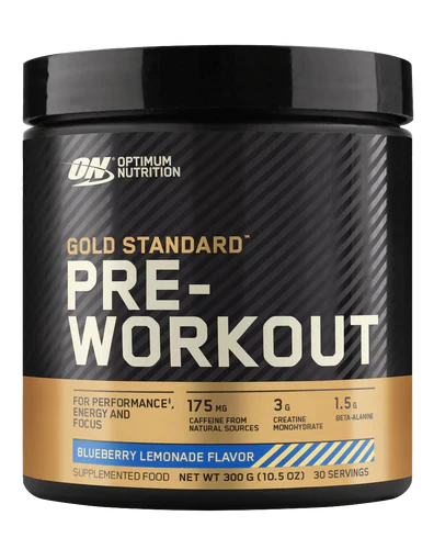 Optimum Nutrition Gold Standard Pre-Workout 30 Servings, Blueberry Lemonade Flavor, for energy, focus, and performance.