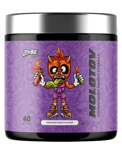 Molotov Thermogenic Formula by Zombie Labs packaging featuring cartoon character, 40 scoops, gruesome grape flavor.