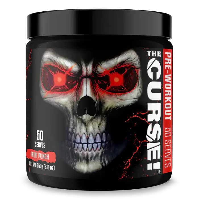 The Curse Pre-Workout by JNX Sports, 50 servings, Fruit Punch flavor, enhances energy and focus.