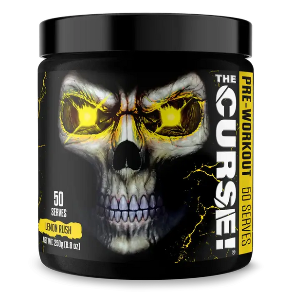 The Curse Pre-Workout by JNX Sports container with skull design, 50 servings, Lemon Rush flavor.