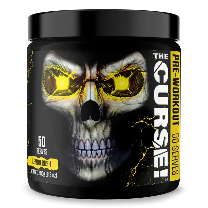 The Curse Pre-Workout by JNX Sports container with skull design, 50 servings, Lemon Rush flavor.