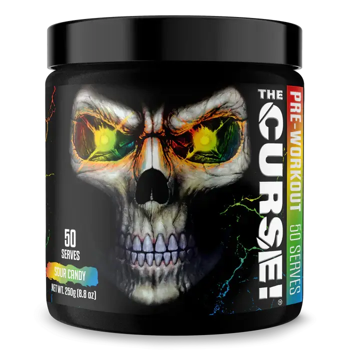 The Curse Pre-Workout by JNX Sports jar featuring intense skull design, 50 servings, Sour Candy flavor.