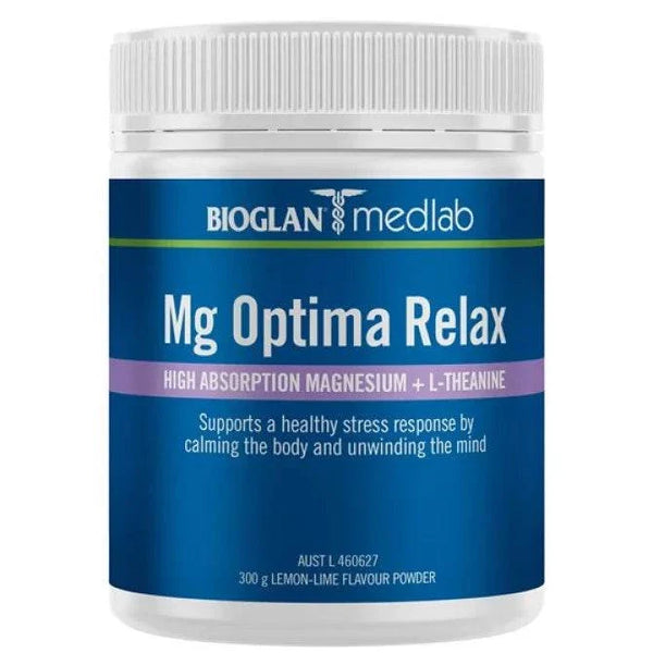 Mg Optima Relax + L-Theanine supplement by Bioglan Medlab, 300g lemon-lime flavor, for stress relief and cognitive support.