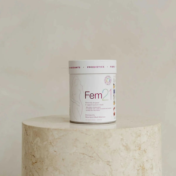 Fem21 by Meah Natural Health supplement container for women's hormonal balance.