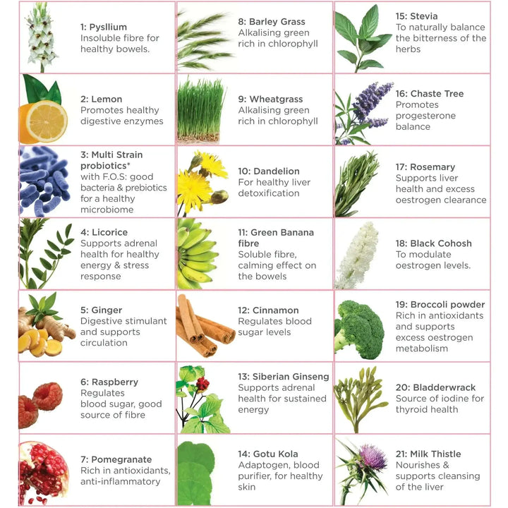 Natural Health by Meah Fem21 supplement ingredients chart showing herbs and superfoods for hormonal balance and well-being.