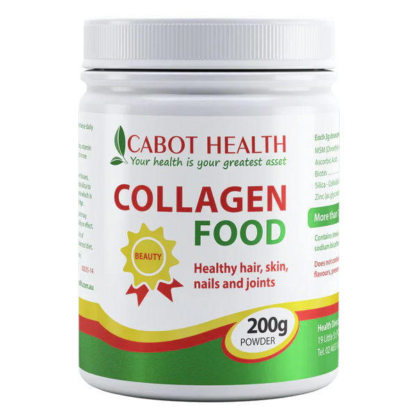 Cabot Health Collagen Food MSM + Vit C + Silica Powder 200g jar with MSM, Vitamin C, and Silica for vegan-friendly collagen support.