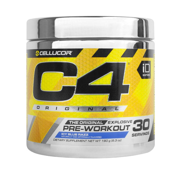 C4 Original Pre Workout Powder by Cellucor in Icy Blue Razz flavor, 30 servings tub.