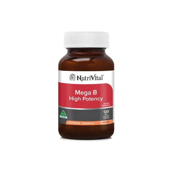 NutriVital Mega B High Potency bottle with vitamins and minerals label, 120 capsules for nervous system and metabolism support.