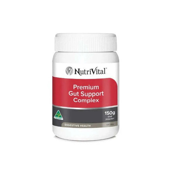 NutriVital Premium Gut Support Complex 150g, digestive health supplement with herbal extracts and essential nutrients.