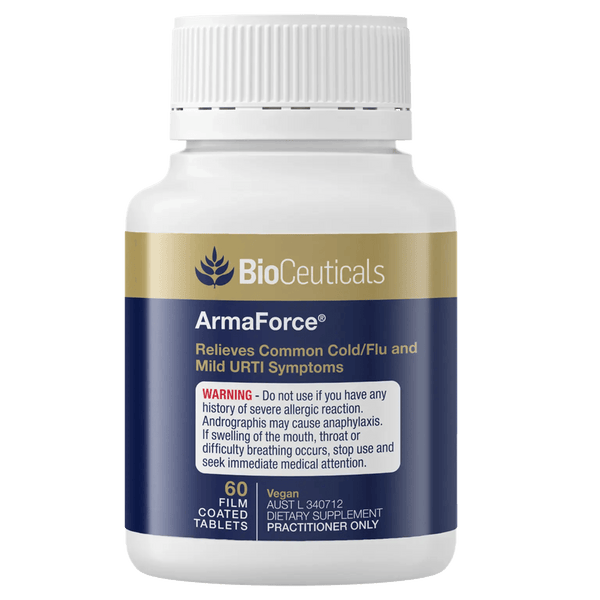 BioCeuticals ArmaForce bottle for cold and flu relief, 60 vegan tablets.