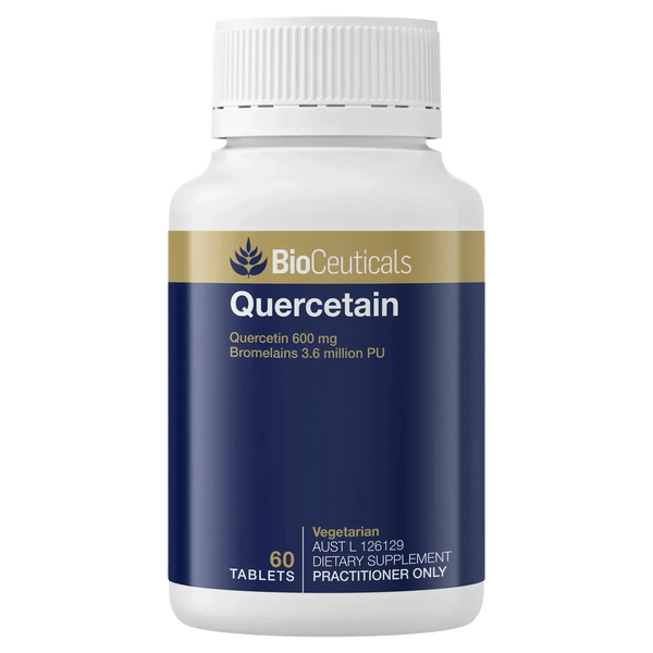 BioCeuticals Quercetain 600g dietary supplement bottle with 60 tablets for inflammation and allergy relief.