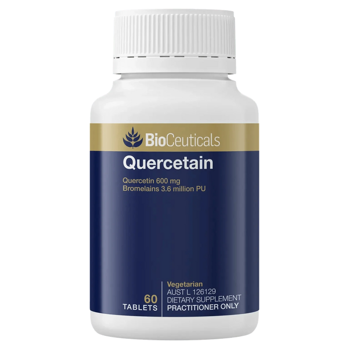 BioCeuticals Quercetain 600g dietary supplement bottle with 60 tablets for inflammation and allergy relief.