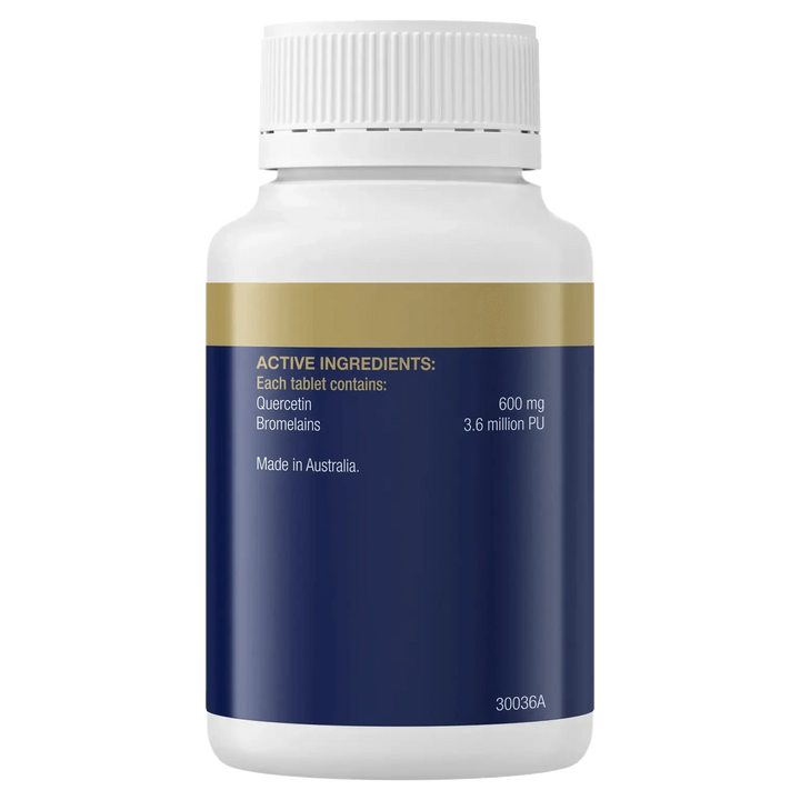 Quercetain 600g by BioCeuticals bottle showing active ingredients: Quercetin 600mg, Bromelains 3.6 million PU, made in Australia.