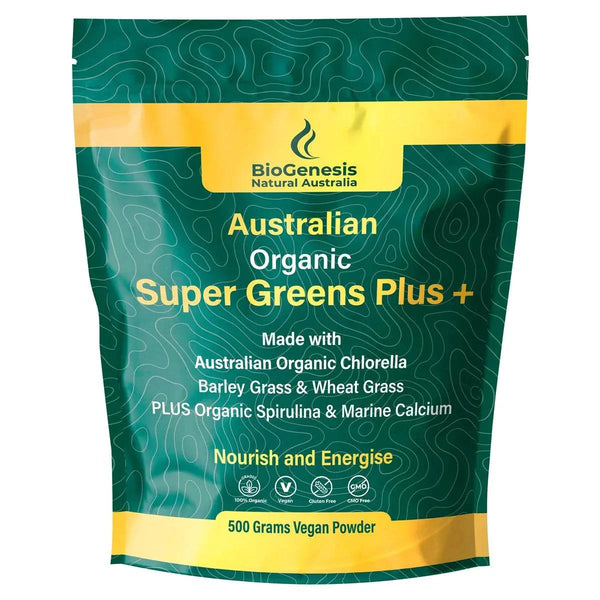 BioGenesis SuperGreens Plus Powder Pouch with organic chlorella, spirulina, barley grass, and marine minerals, 500g vegan formula.