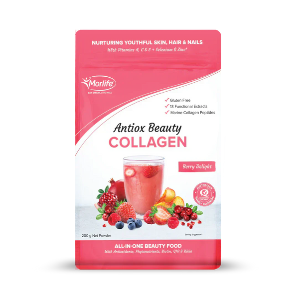 Antiox Beauty Collagen by MorLife packaging, featuring berry delight flavor, highlights benefits for skin, hair, and nails with marine collagen and antioxidants.