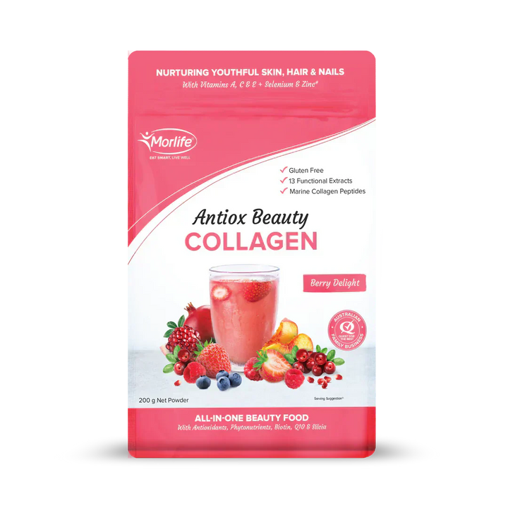 Antiox Beauty Collagen by MorLife packaging, featuring berry delight flavor, highlights benefits for skin, hair, and nails with marine collagen and antioxidants.