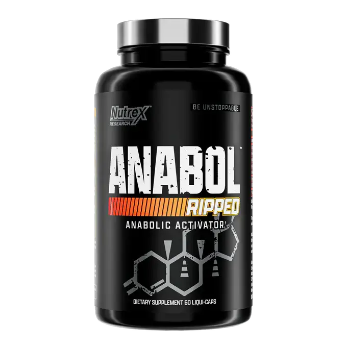 Nutrex Research Anabol Ripped supplement bottle, advanced fat loss and muscle support, 60 servings.