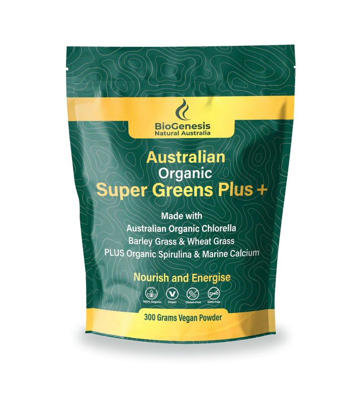 BioGenesis SuperGreens Plus Powder Pouch with organic chlorella, wheat grass, barley grass, spirulina, and marine minerals for energy and detox support.