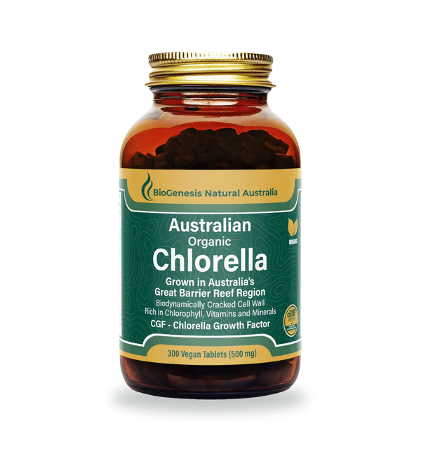 Australian Organic Chlorella Tablets by BioGenesis in eco-friendly packaging.