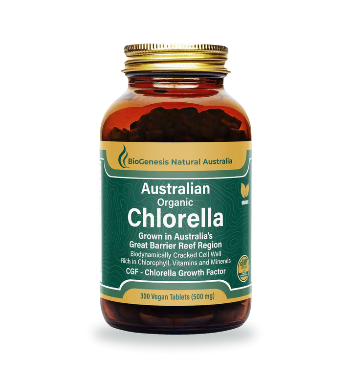 Australian Organic Chlorella Tablets by BioGenesis in eco-friendly packaging.