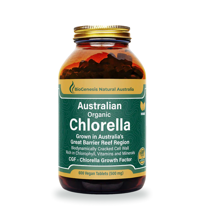 Australian Organic Chlorella Tablets by BioGenesis, 600 vegan tablets, nutrient-dense superfood, grown in Great Barrier Reef, enhances vitality and wellbeing.