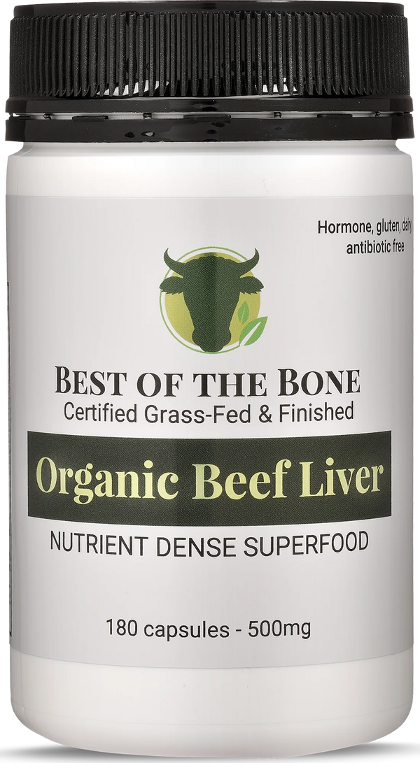 Bone Grass fed organic beef liver capsules bottle, 180 capsules, nutrient dense superfood.