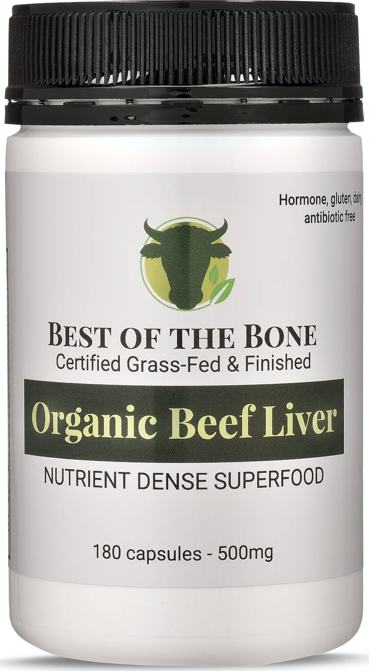 Bone Grass fed organic beef liver capsules bottle, 180 capsules, nutrient dense superfood.