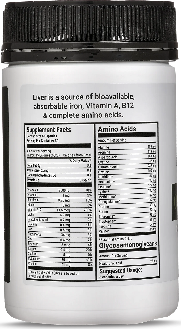 Bone Grass-fed organic beef liver capsules bottle with nutritional facts and amino acid profile.